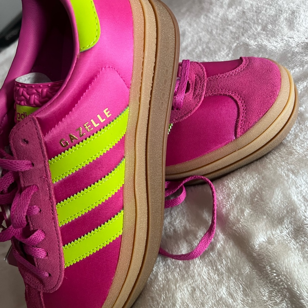 adidas Gazelle Hot Pink with Neon Yellow Stripes and Gum Sole